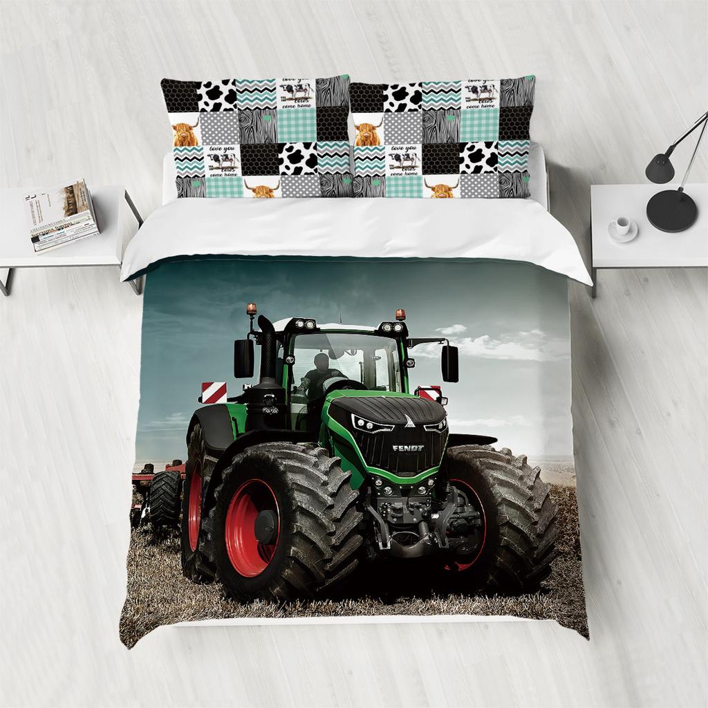 Tractor Pattern Grinding Three-Piece Quilt Cover Digital Printing Kit Quilt Cover Pillowcase Bedding