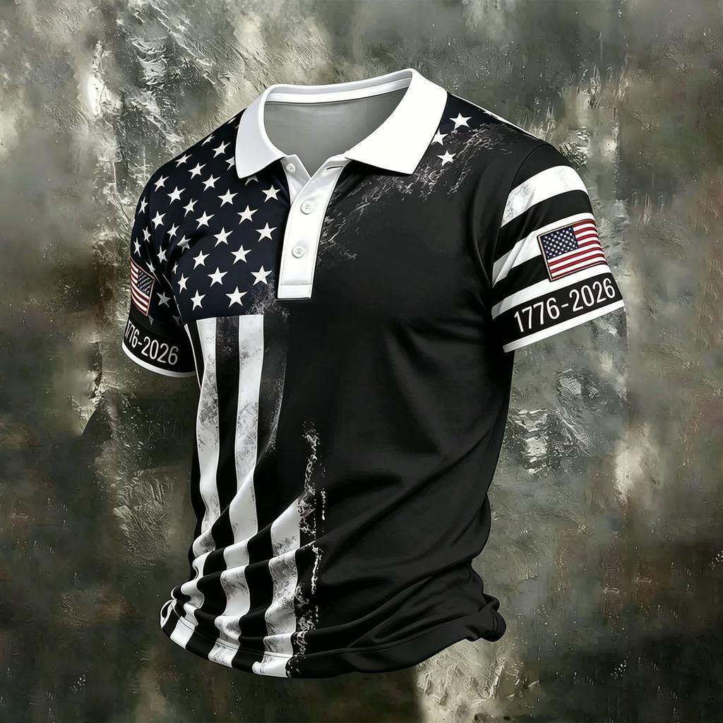 Men's Casual Quick Dry Mesh Golf Polo Shirt Short Sleeve Lightweight Breathable Button Down Top 1776-2026 Flag Print