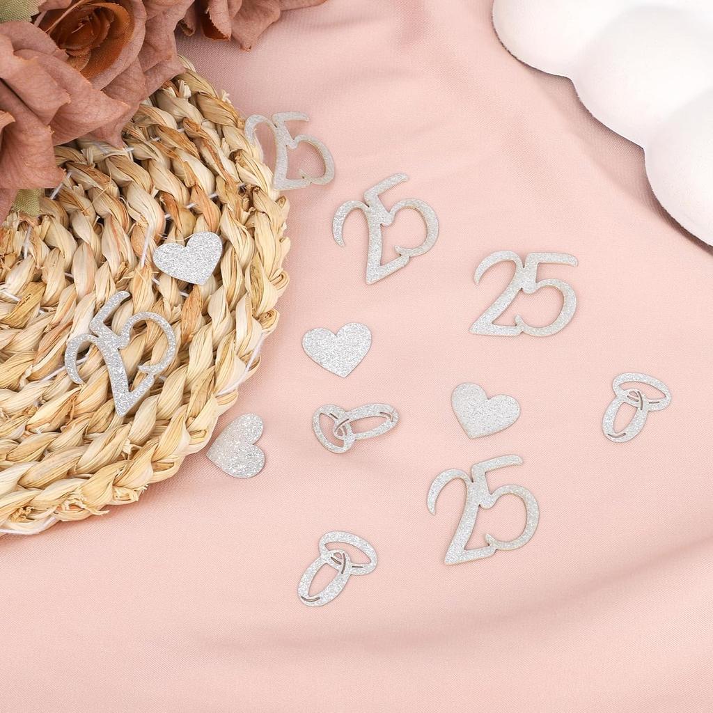 100pcs 25th Wedding Anniversary Confetti, Silver Glitter Table Scatter Decorations for 25th Anniversary Party Supplies