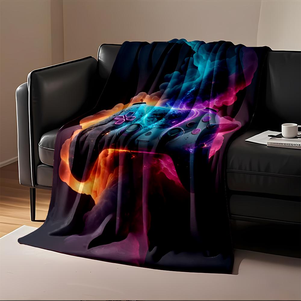 Neon Game Controller with Fiery Glow Design Flannel Blanket for Bedroom, Living Room, Sofa, and Nap Sofas.
