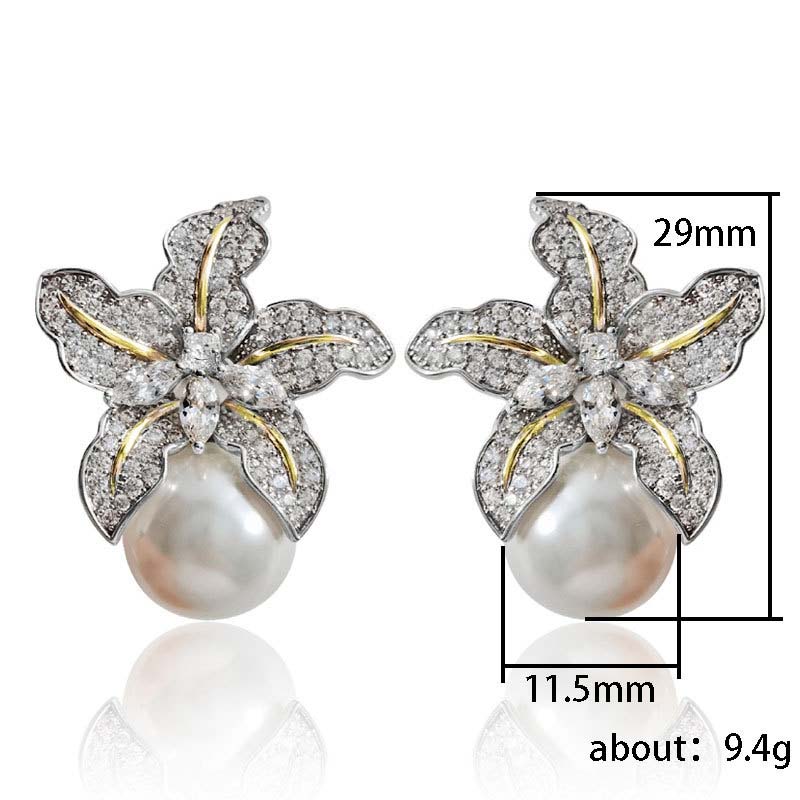 Boucles d'oreilles tendance en alliage de zinc couleur perle d'imitation pour femmes, boucles d'oreilles de tempérament fleur en zircon étincelant de luxe, zircon de mariage