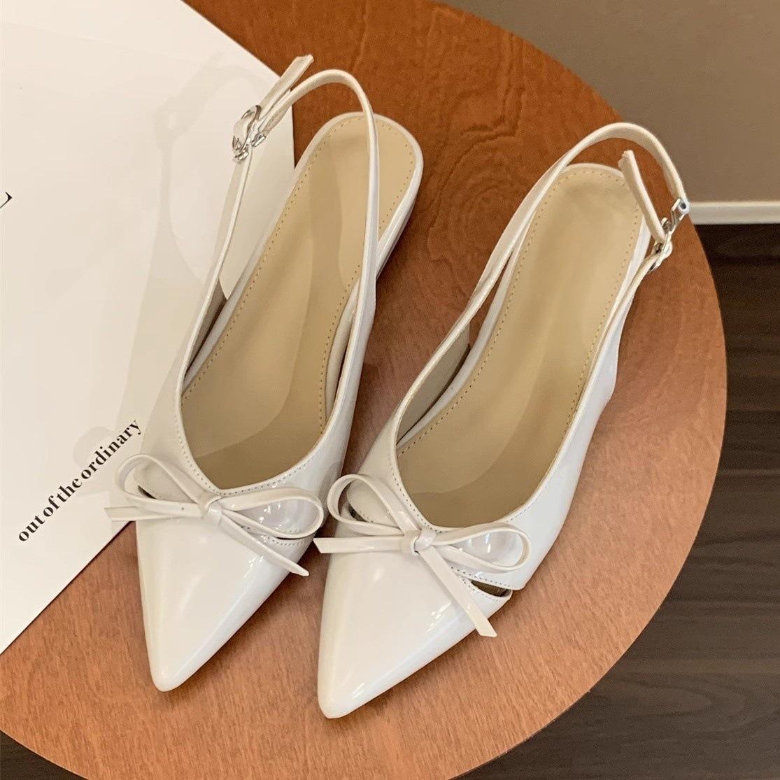 

French wedge heel nude bow bag head sandals fairy shoes 2025 new spring and summer with skirt pointed single shoes 40