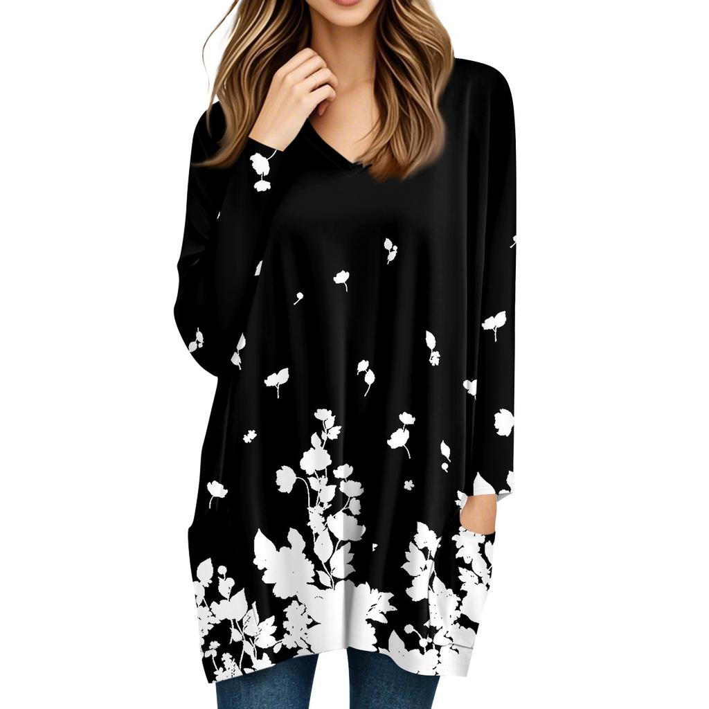 Damen Oberteile V-Ausschnitt Langarm Blusen Lässige Mittellange Hemden Mode Druck Tunika Oberteile Mit Taschen