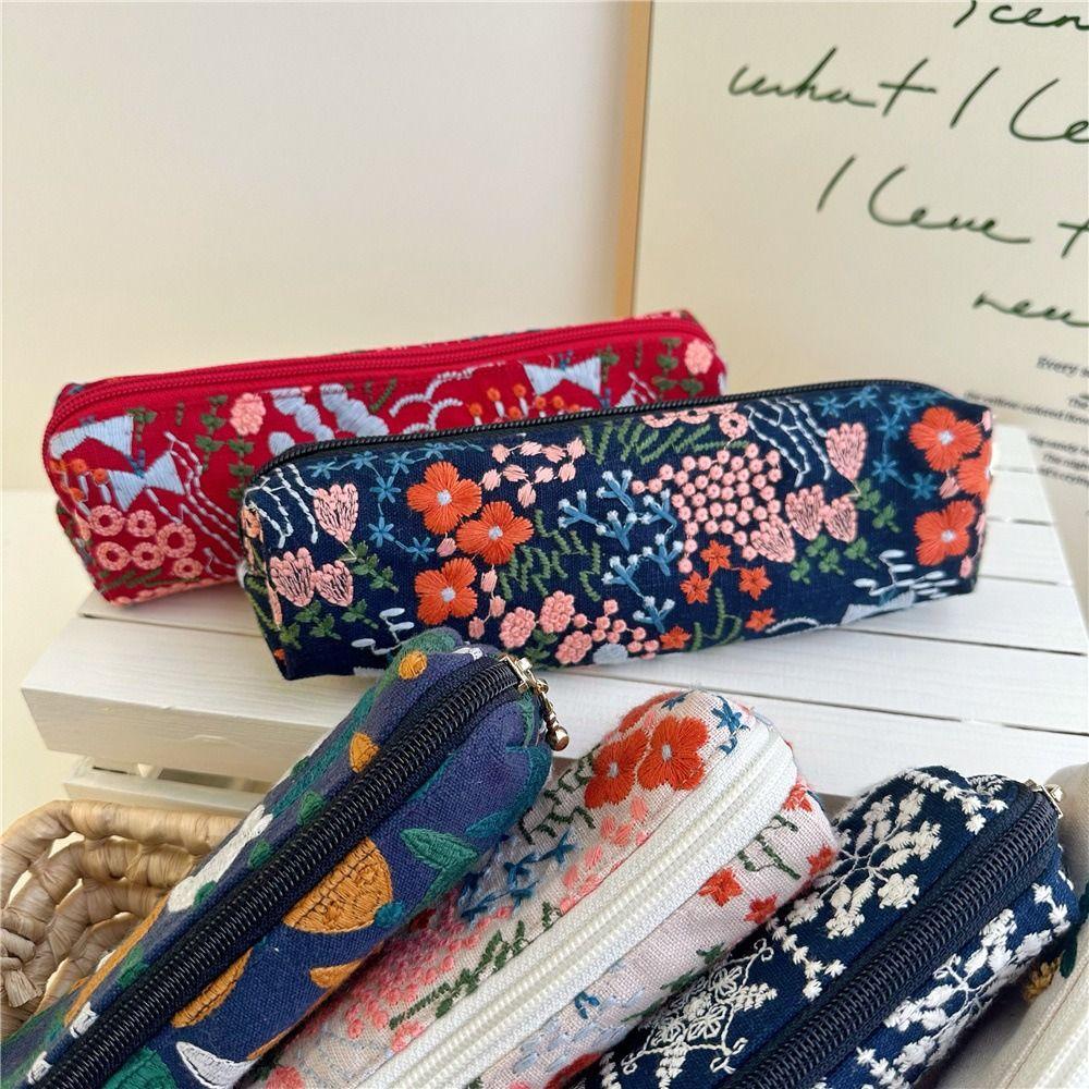 Flower Embroidered Pencil Case Print Cloth Stationery Bag Fashion Pencil Pouch  Stationery Storage
