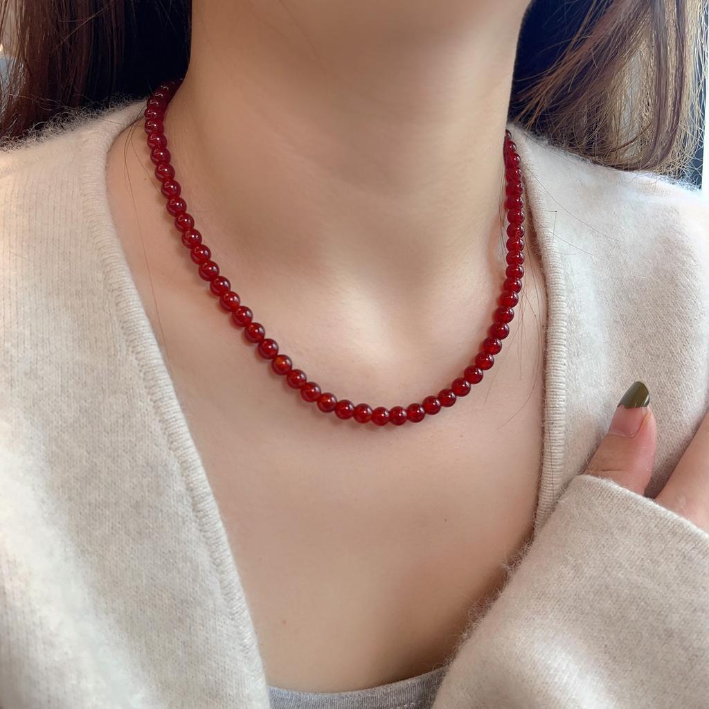 Natural Red Agate Beaded Necklace Women Vintage Round Carnelian Choker Necklaces Elegant Daily Wear Jewelry