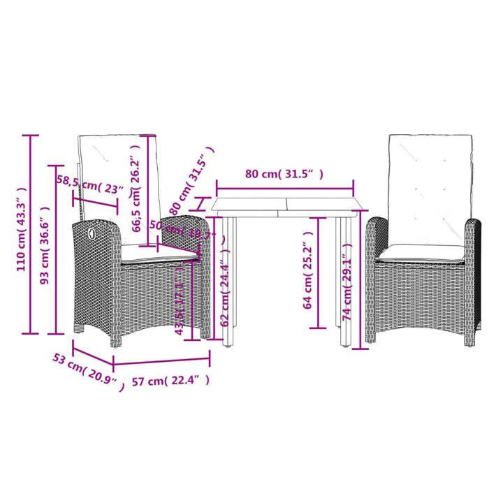VidaXL Ensemble à Manger de Jardin avec Coussins 3 pcs, Table et Chaises avec Dossier Réglable, Meubles d'Extérieur Patio 3212320