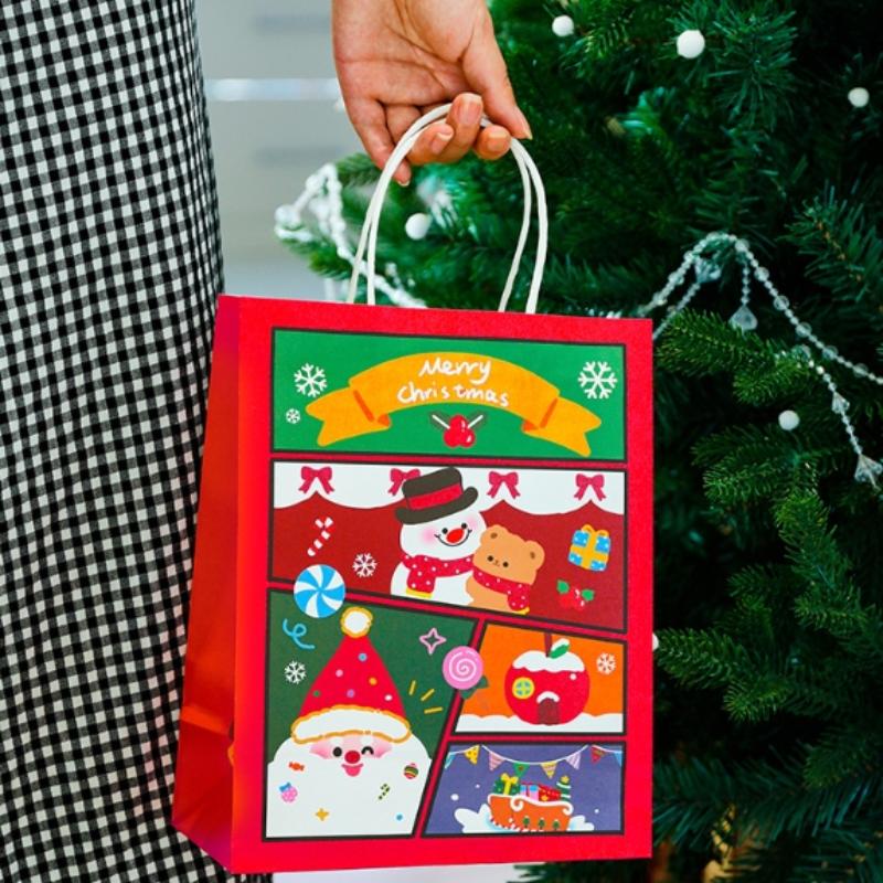 Merry Christmas Kraft Paper Gift Tote Bags Packaging Child For Candy Snack Storage Pouch Birthday Party Favors