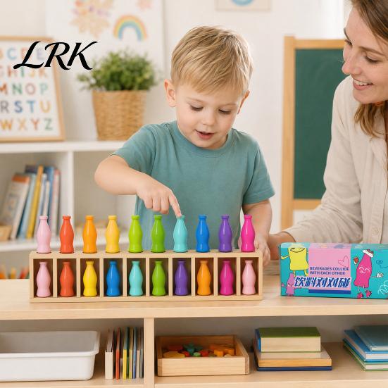 Kids Memory Challenge Toy Bottle Color Matching Board Game, with 14 Colorful Bottles & Wooden Recognition Game Storage Rack, 2-4 Players Family Night