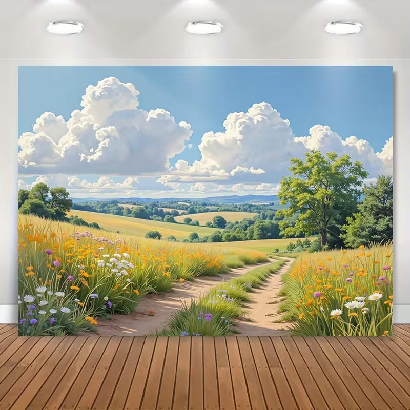 2D Dreamy Rural Wildflower Field Landscape Background Cloth