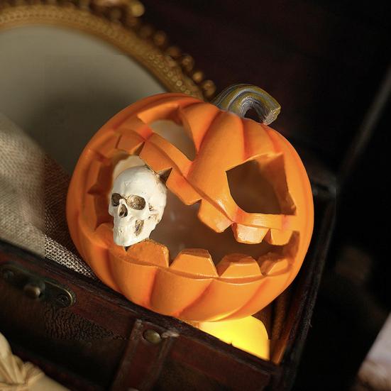 Yousheng Halloween Pumpkin Sculpture with Light Spooky Pumpkin Figurine with Skull Resin Table Ornament for Home Office Decor