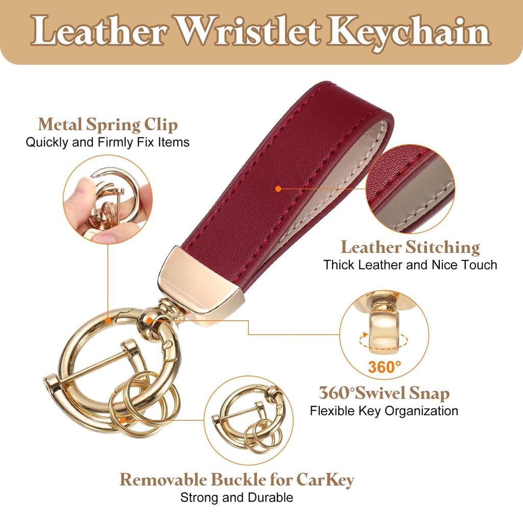 Leather Wristlet Keychain Car Key Chain Holder with Key Key Strap Wristband for Women and ID Badge Card Red [uxcell] 5-inch Ring, Anti-Loss D-Ring