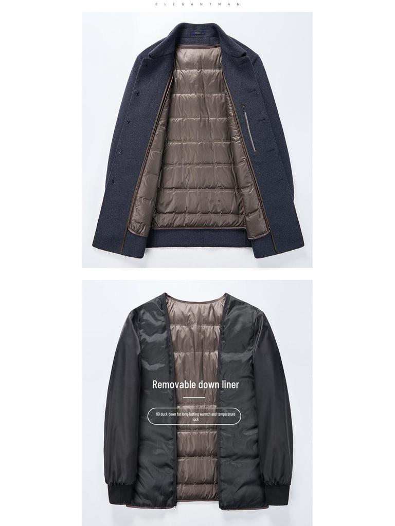 Men's Double-Faced Cashmere Overcoat with Detachable Down Lining - Business Casual Mid-Length for Middle-Aged Dads