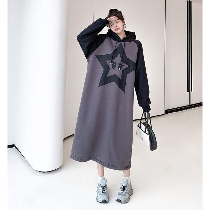 

Женская мода Осень Зима Платье с принтом звезд, длинным рукавом, капюшоном, свободной талией, повседневное XL