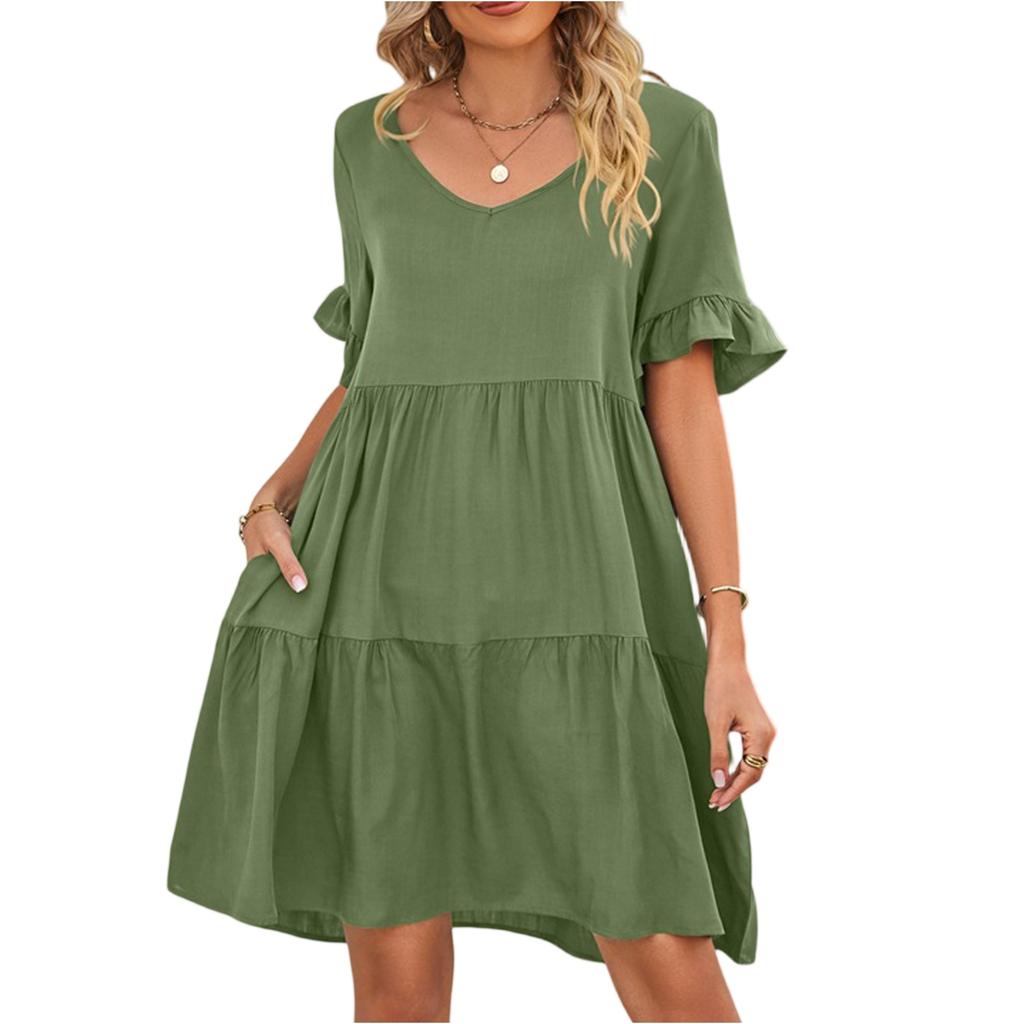 Women's Fashion Short-sleeved Summer Casual V-neck -layer Pleated Dress