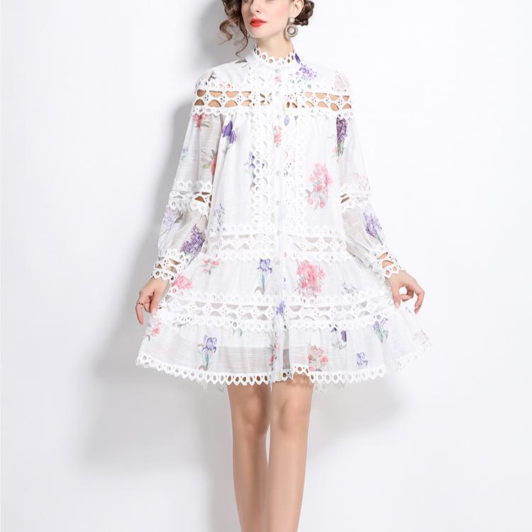 Printemps Automne Femmes Vintage Col Montant Imprimé Dentelle Patchwork Mini Robes De Soirée Courtes