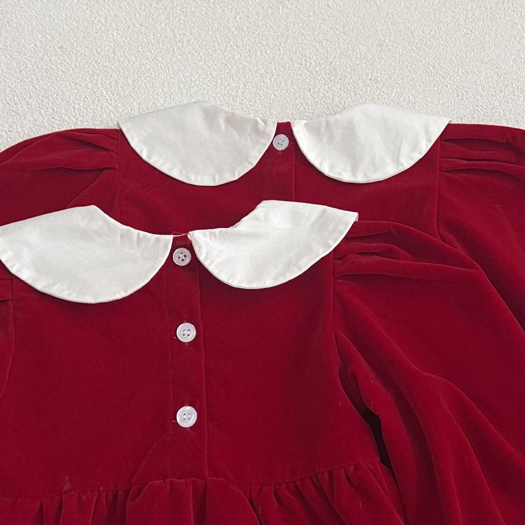 Red Baby Girls' Doll Collar Dress Bodysuit - Sisters' Spring/Autumn Romper Outfit