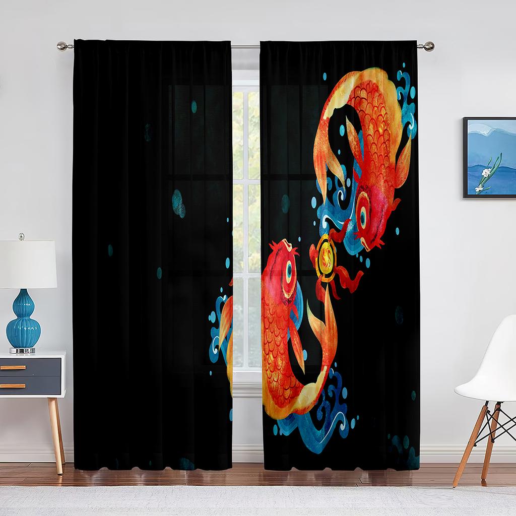 Koi Fish Ink Painting Goldfish Sheer Voile Curtains Window Treatment Chiffon Tulle Curtain for Kitchen Living Room Bedroom Drape