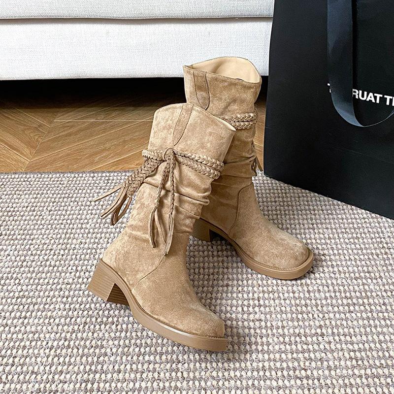 Thick-soled Boots Female Waste Retro Style Knight Boots Soft Leather Frosted Fringed Hemp Rope Thick Heel Western Cowboy Stacking Boots
