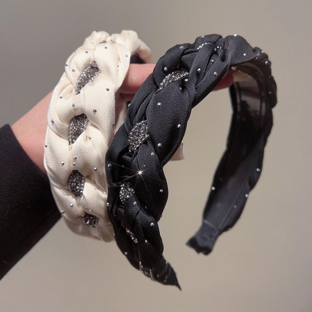 Twisted Knotted High Cranial Hair Hoop Wide Brim Braided Hairband Chic Rhinestone Headband Makeup