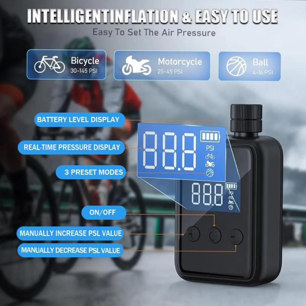 Mini-Fahrradpumpe, 150 PSI Elektrische Luftpumpe Tragbarer Akku-Fahrrad-Aufblasgerät mit Digitalem Manometer mit Presta- und Schrader-Ventil