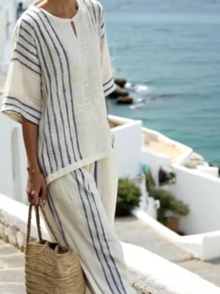 Women's Linen Blend Black Striped Short Sleeve Top and Wide Leg Pants Set for Summer Vacation