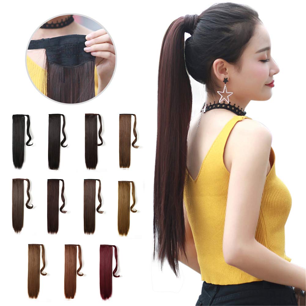 Remeehi Ponytail Velcro Heat Resistant Point Long Neckline Easy To Hair Natural Black Wig, Straight, Women's, Ponytail, Wig, Wig, Fluffy, Hair,