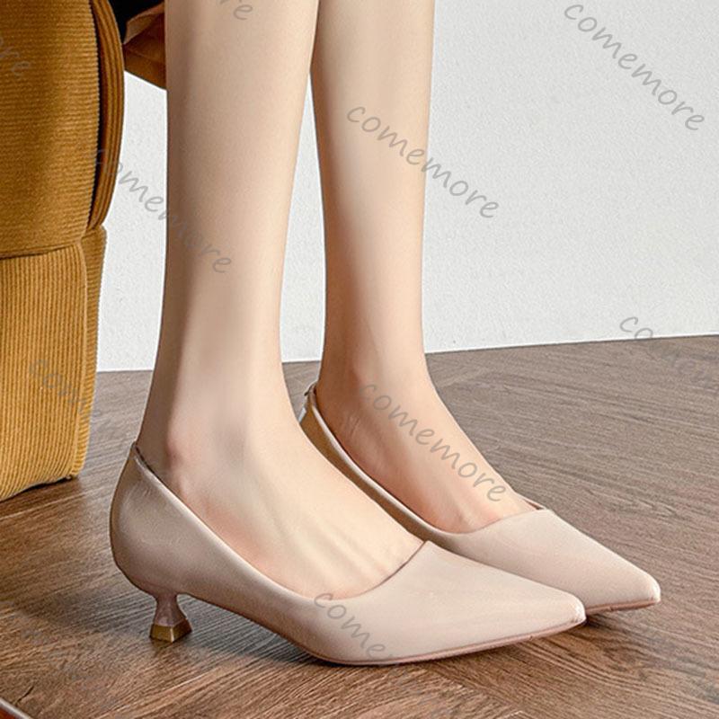 Comemore 3cm Low Heeled Shoes for Women Bright Patent Leather Pointed Toe Pumps Temperament Commuting Shallow Mouth Single Shoes