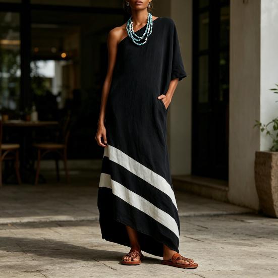 Women One Shoulder Maxi Dress, Color Block Casual Loose Long Dress, Summer Beach Vacation Flowy Sundress with Pockets