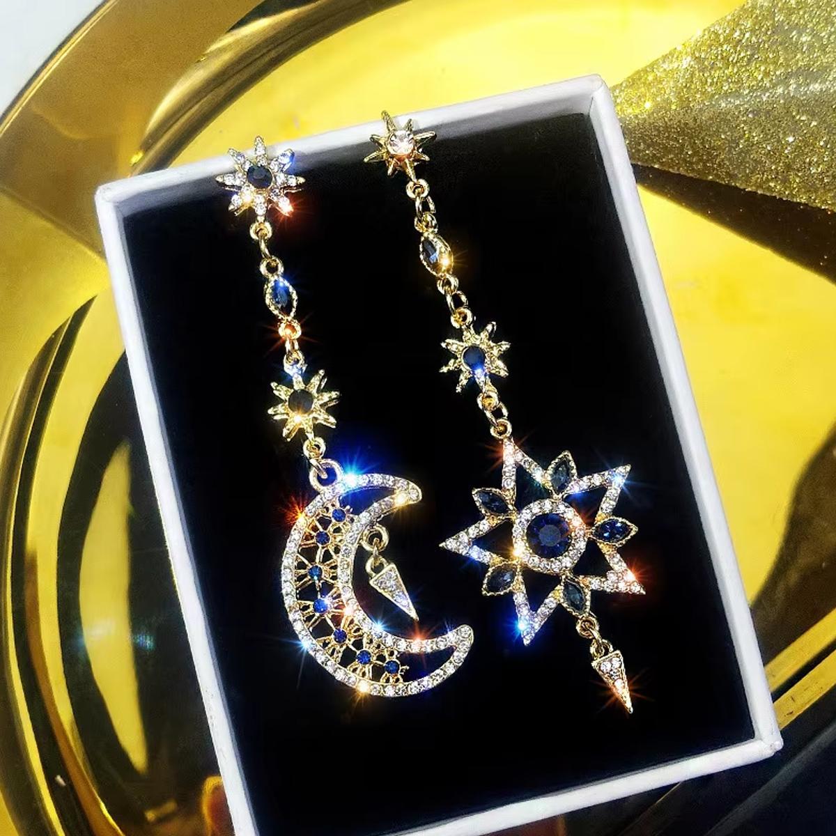 

Элегантные серьги из цинкового сплава асимметричной формы в виде звезды и луны, длинные серьги-кисточки, сверкающие персонализированные серьги с цирконом