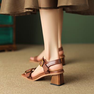 Fashion 2025 Summer New Sandals Women Shoes Open Toe Chunky Heel Sandals High Heels Sandals for Women Handmade Genuine Leather Sandals