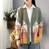 Vintage Blocked Jacquard Knitted Cardigan for Women Spring and Autumn Loose Long Sleeved Sweater Coat
