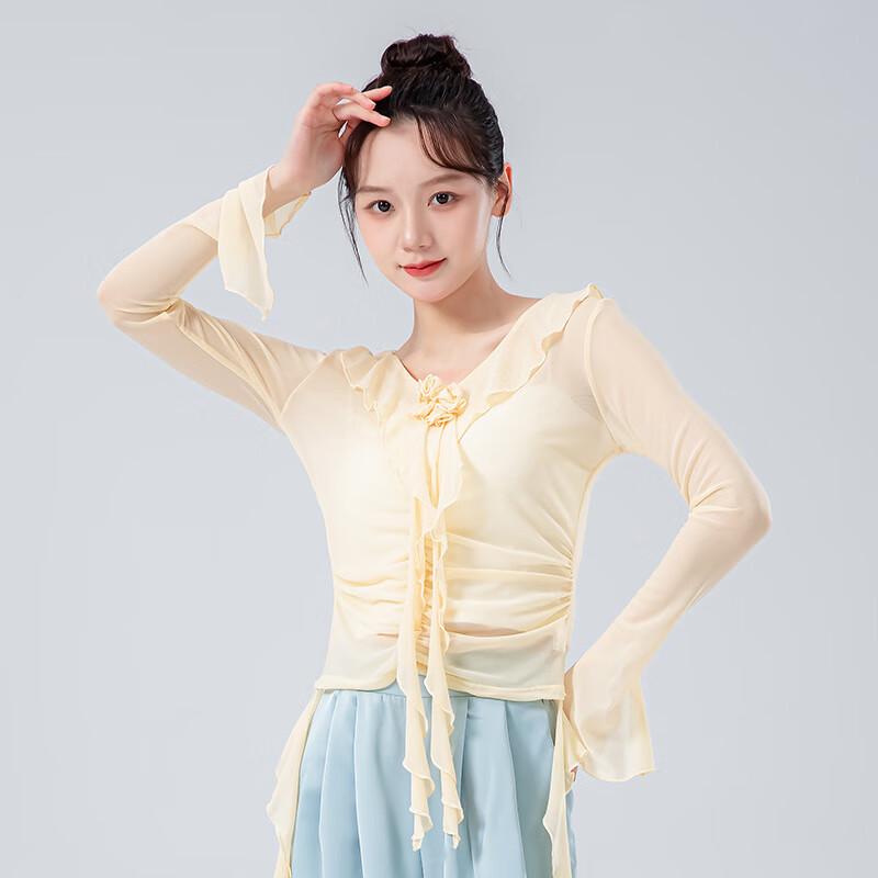 WEZHO Классический и Современный Танцевальный Топ Сетчатый с Расклешенными Длинными Рукавами