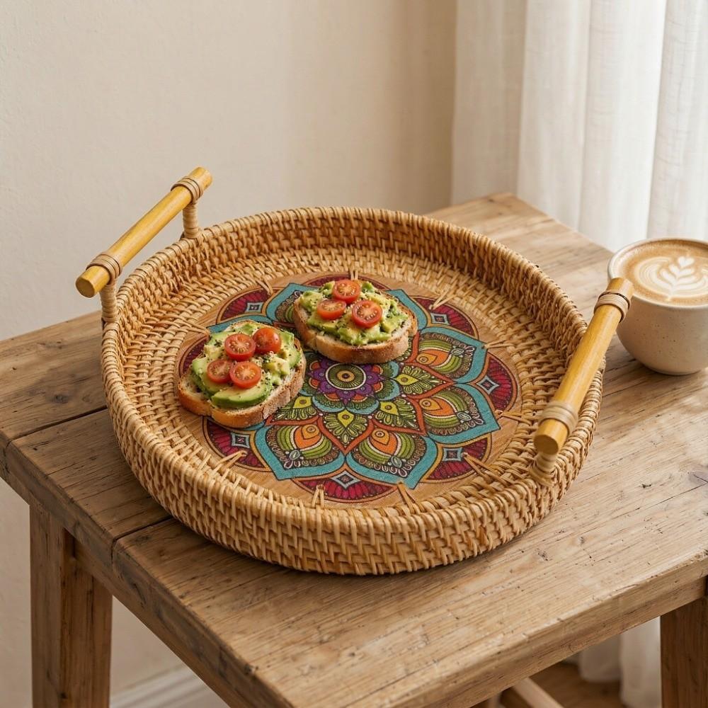 Wicker Weave Rattan Serving Tray Round Shape Round Wicker Basket Woven Rattan Tray Fruit Serving