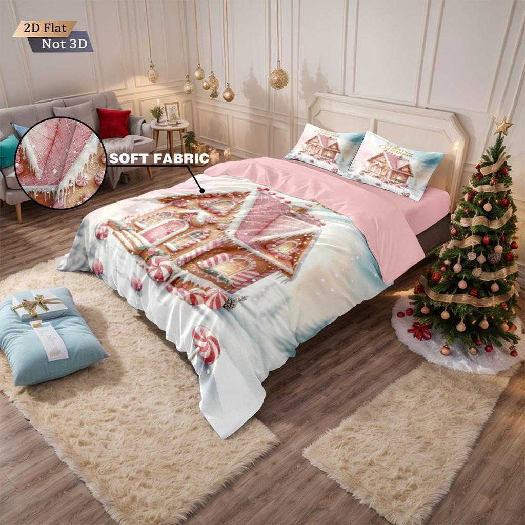 3Pcs Pink Romantic Christmas Cottage Merry Christmas Print Choreless Bedding Set Multi Size Bedroom Bedding Holiday Decoration