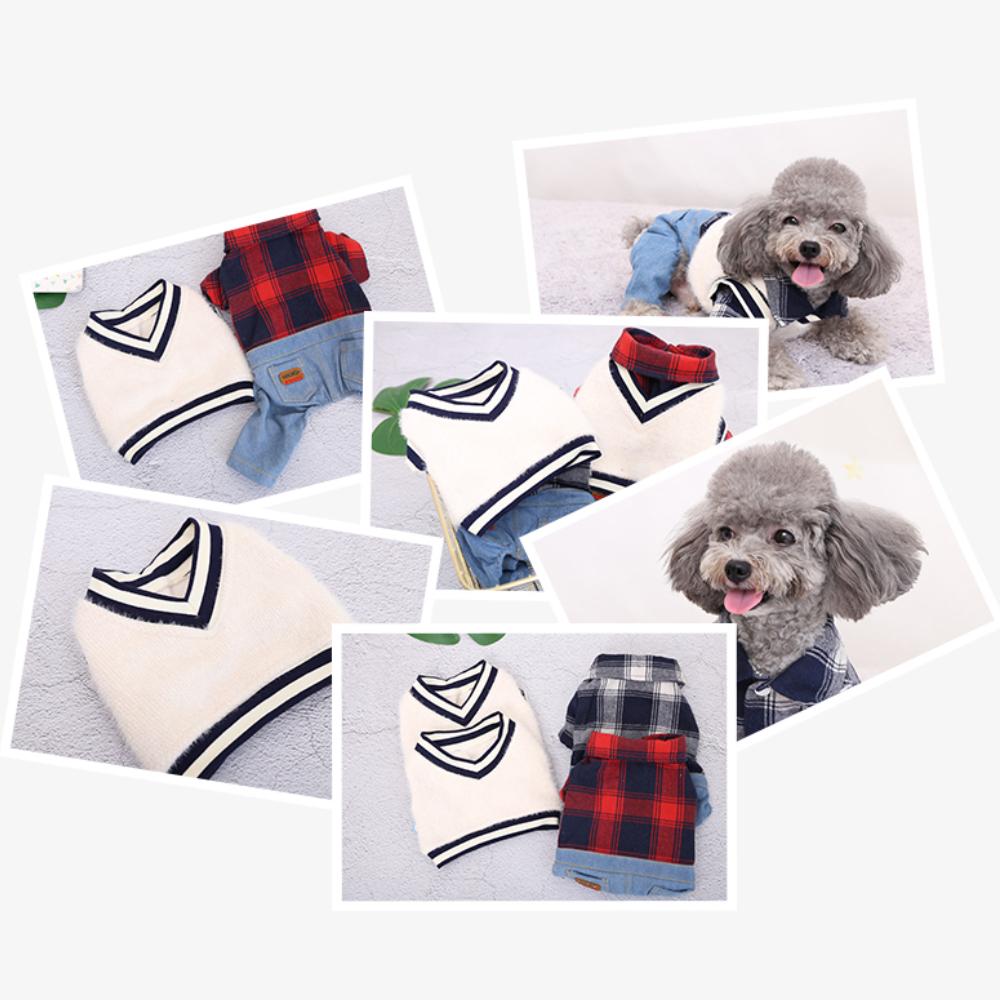 Plaid Shirt With Denim Pants Vest Overall For Dog Autumn Winter Pet Fashion Clothes Set For Small Medium Animal Chihuahua Yorkie