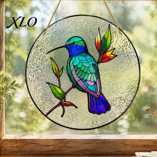 Colorful Garden Hanging Decoration Hummingbird Wall Decoration, Stained Acrylic Suncatcher for Window Bird Decor, Decorative Pendant with Rope