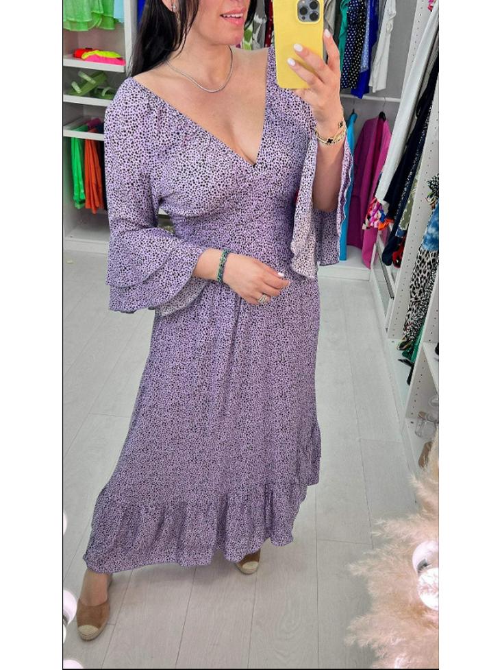 

2024 Elegant Polka Dot V-Neck Flare Sleeve Dress X-Large світло-фіолетового кольору
