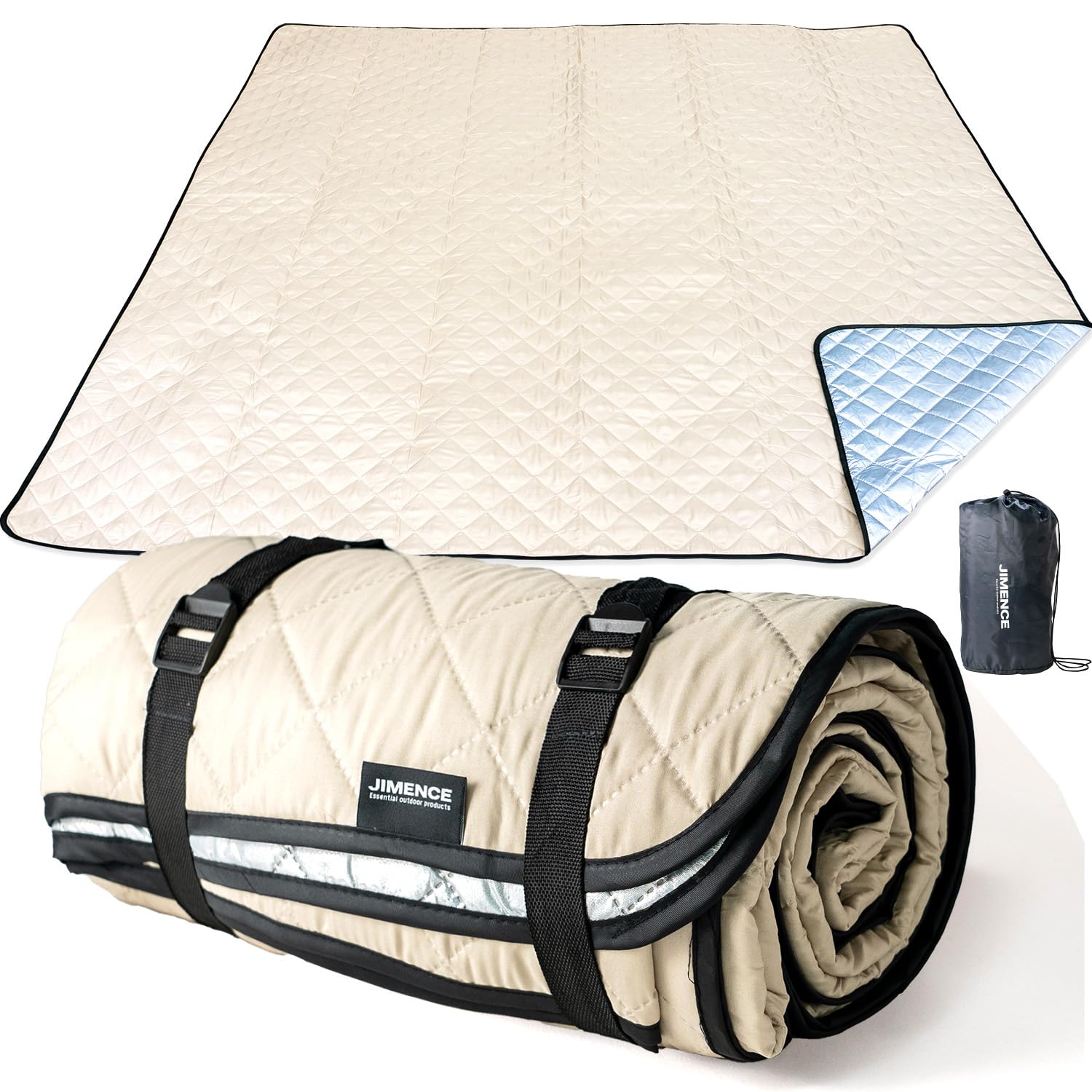 

JIMENCE Thick Picnic Blanket, Tent Mat, Waterproof, Aluminum-Coated Inner Sheet, Storage Bag Included, 200 x 200 cm (Sand Beige)