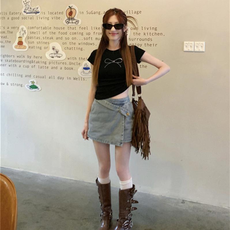 2024 Summer Women's Black Bow Crop Top - Hot Drill Slim Fit Trendy Short Sleeve T-shirt