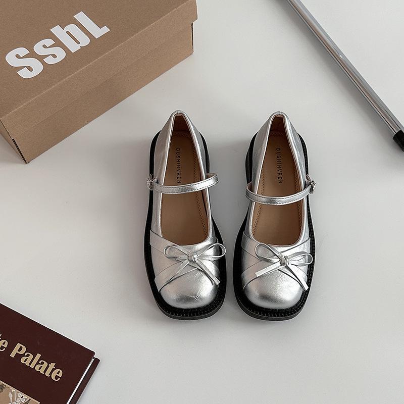 Silver Light-mouth Bow Mary Jane Single Shoes Women's Summer Fashion New Thick-soled Skirt Small Leather Shoes