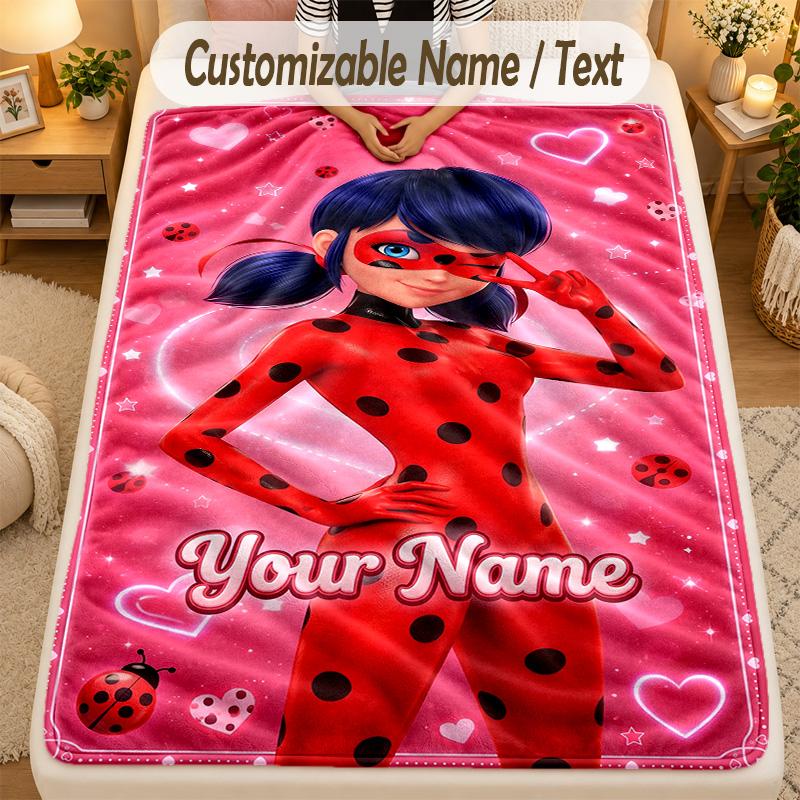 Flannel BlanketMiraculous Ladybug Custom Name Text Personalized Soft Warm Throw Blanket Home Decor Gift