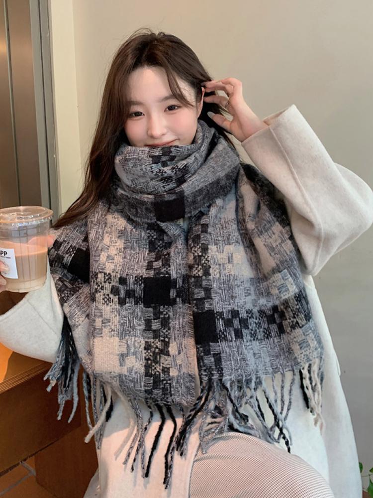 New Knitted Retro Scarf Headscarf Winter Women Men Preppy Plaid Tassel Warm Scarve Pashmina Mujer Female Male Wrap Shawl Unisex