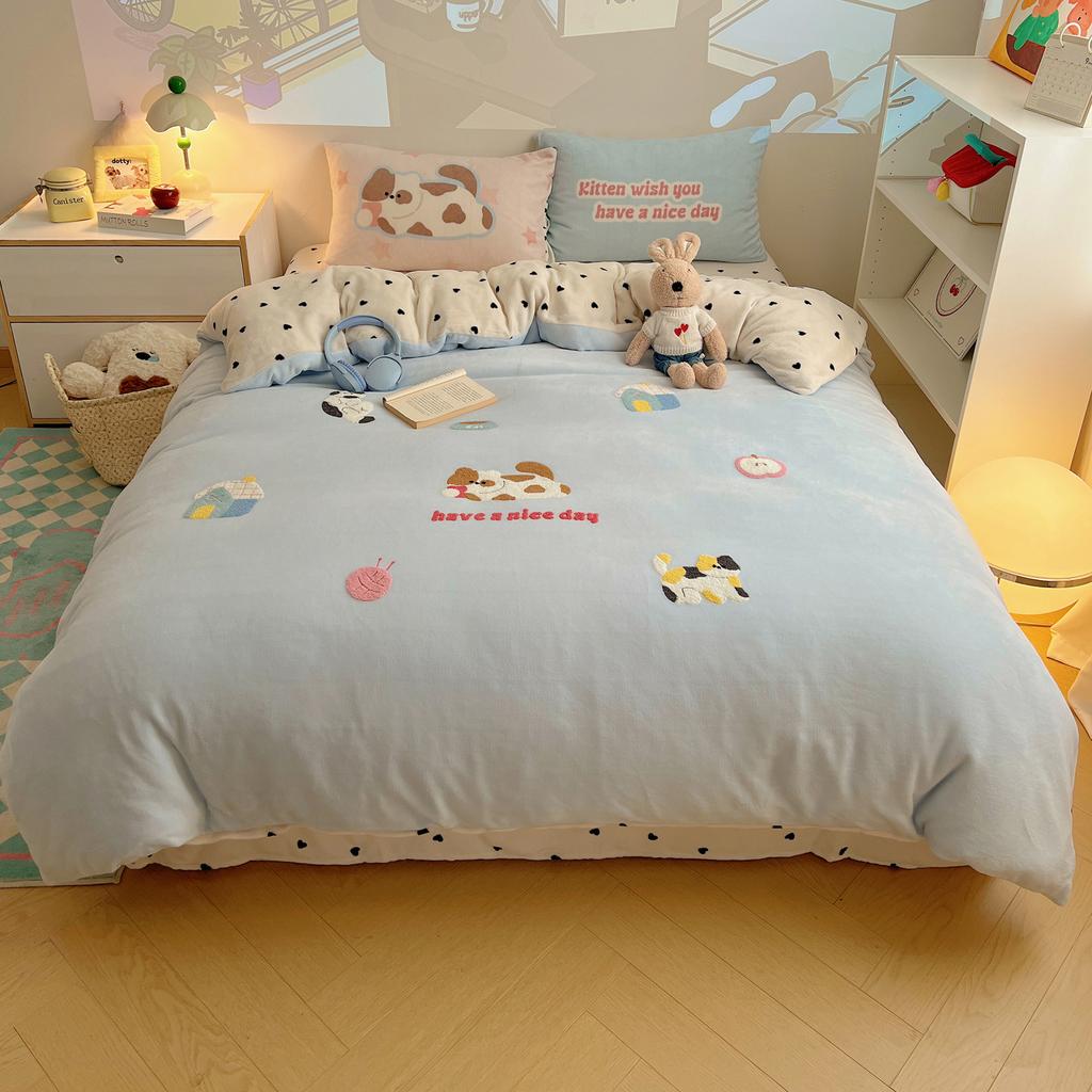 Thickened Milk Fleece Towel Embroidery Four-Piece Set 1.2M Bed Sheet Three-Piece Set, Gingerbread Small