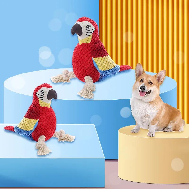 Quietschender Papagei Hundespielzeug Langlebiges Plüsch-Kauspielzeug mit Baumwollseil-Beinen für kleine und mittelgroße Hunde Welpen Interaktives Spiel