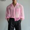INCERUN Oversized Men Lapel Neck Drop Shoulder Long Sleeve See Through Mesh Shirts Tops