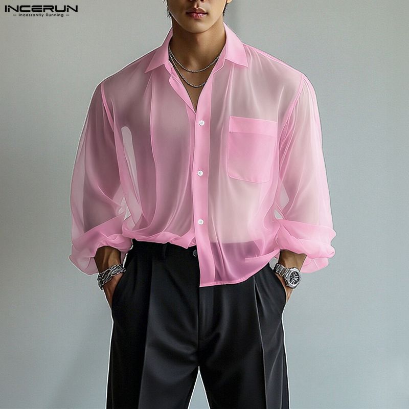 INCERUN Oversized Men Lapel Neck Drop Shoulder Long Sleeve See Through Mesh Shirts Tops