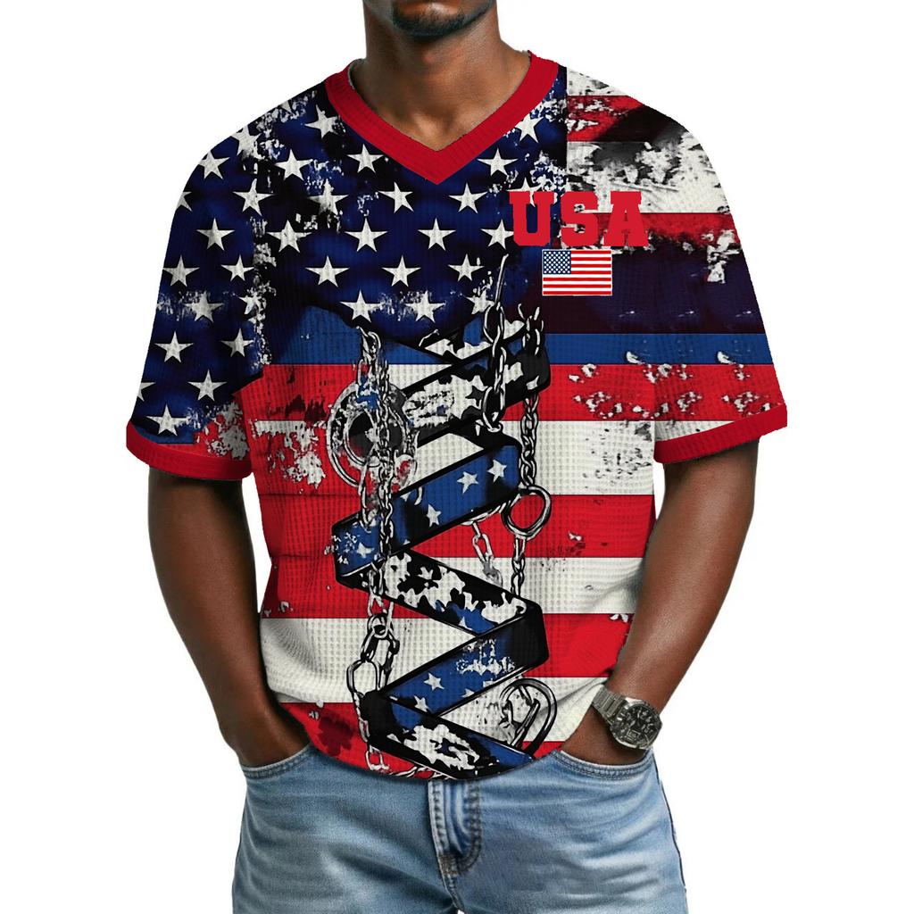 Men's Casual And Fashionable Flag-color Printed Short-sleeved Shirt. Men's Breathable V-neck Short-sleeved Shirt.