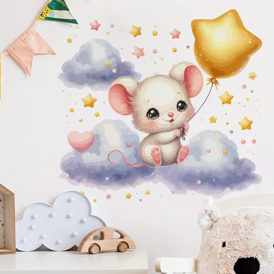 Cute Cartoon Mouse with Stars and Clouds Wall Stickers, Self-Adhesive Decor for Kids Room Bedroom Decoration