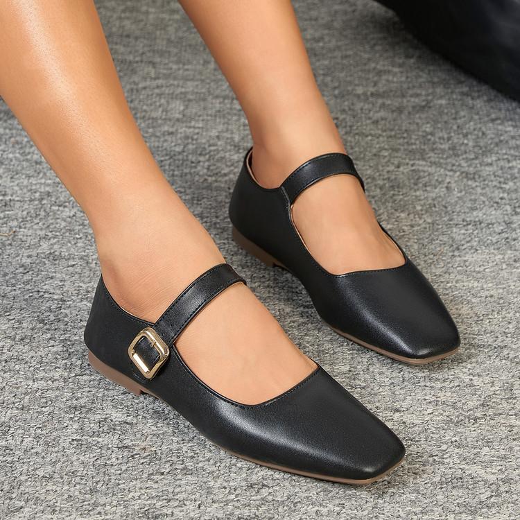 Spring and Autumn New Turmeric Velvet Mary Jane Flat Shoes Comfortable Square Head Buckle One Word Belt Two Wear Women's Shoes
