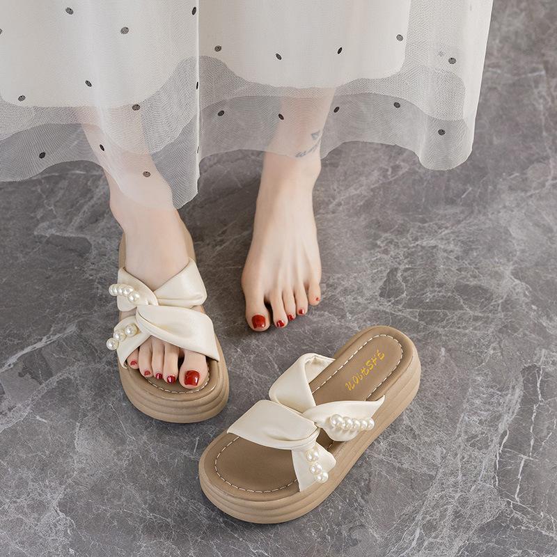 Sweet Pearl Casual Thick-soled Cool Slippers Women Wear Beach Slippers In Summer 2025 Students Thick-soled Flip-flops